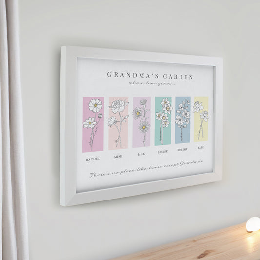 Personalised Birth Flower Family of 6 White Framed Print