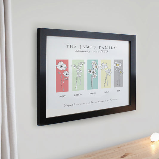 Personalised Birth Flower Family of 5 Black Framed Print