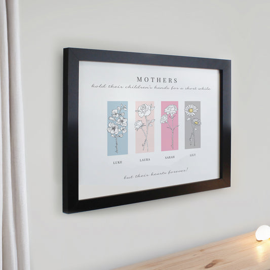 Personalised Birth Flower Family of 4 Black Framed Print