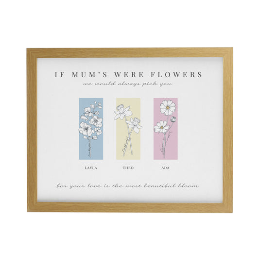Personalised Birth Flower Family of 3 Oak Framed Print