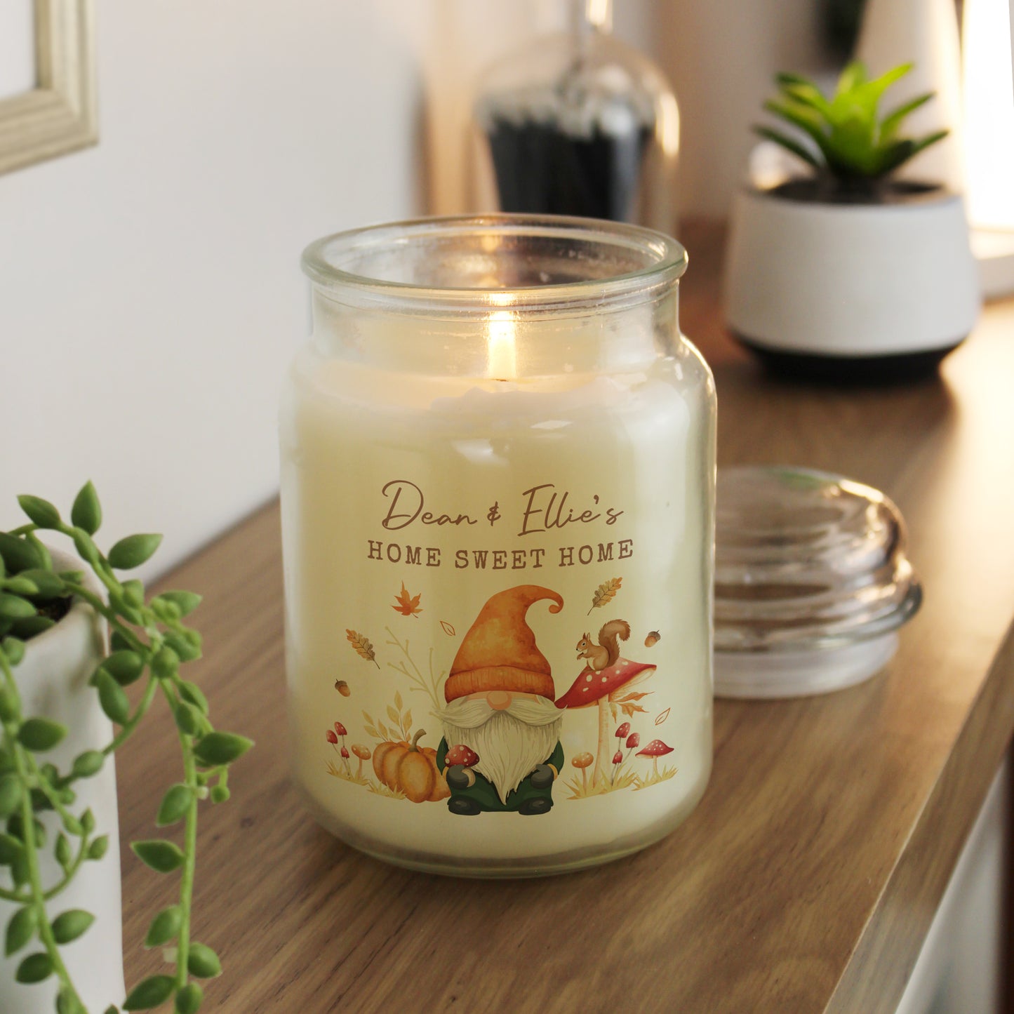 Personalised Autumn Gonk Large Candle Jar