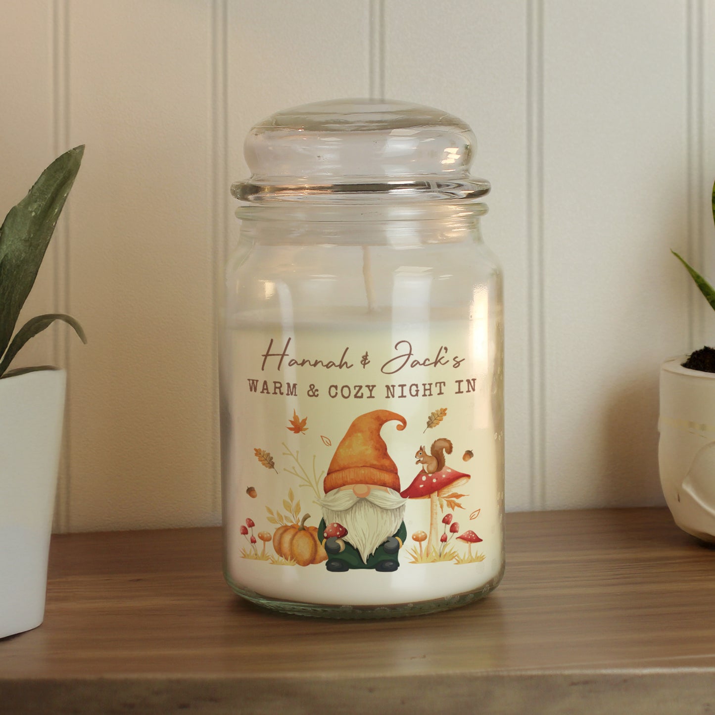 Personalised Autumn Gonk Large Candle Jar