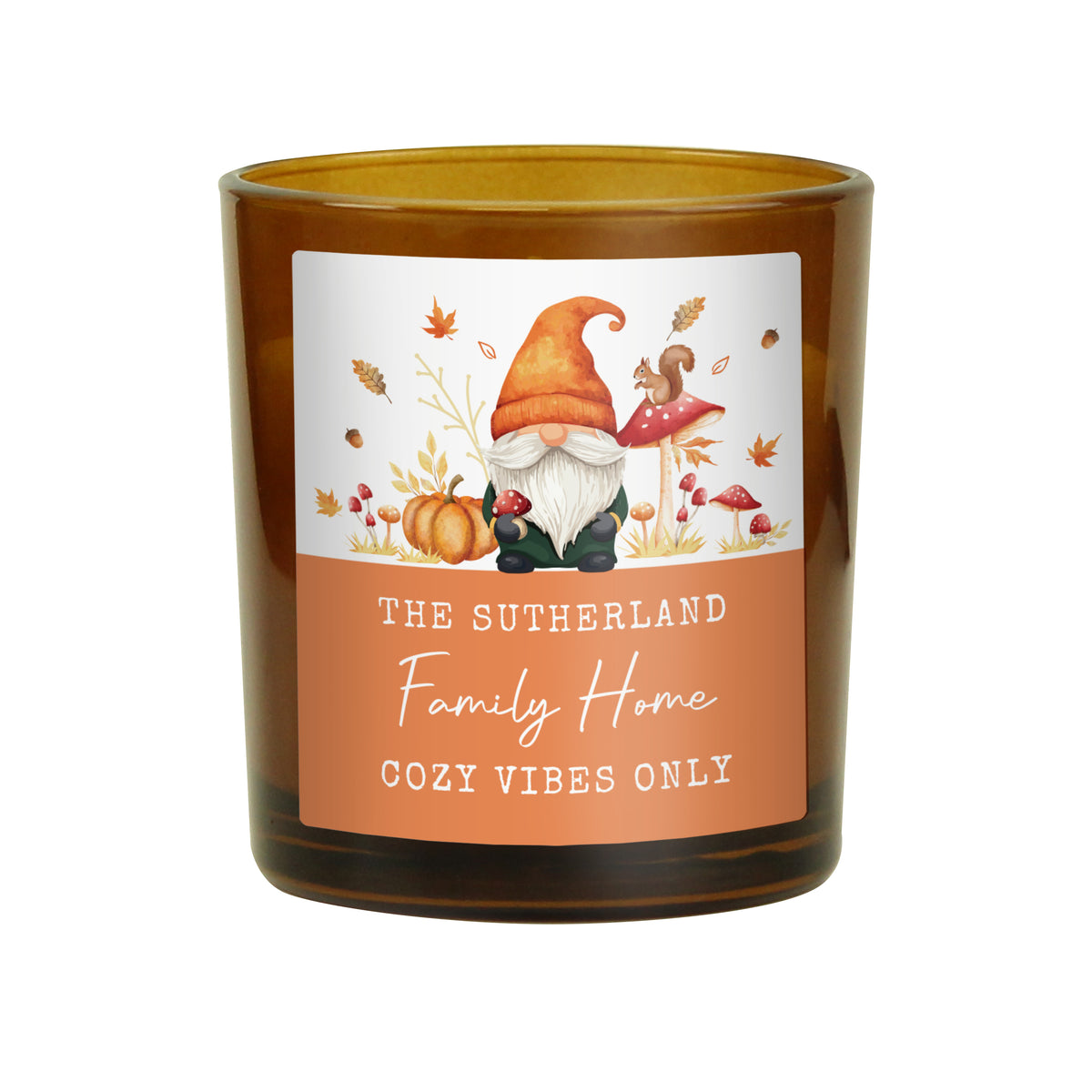 Personalised Autumn Gonk Amber Glass Candle