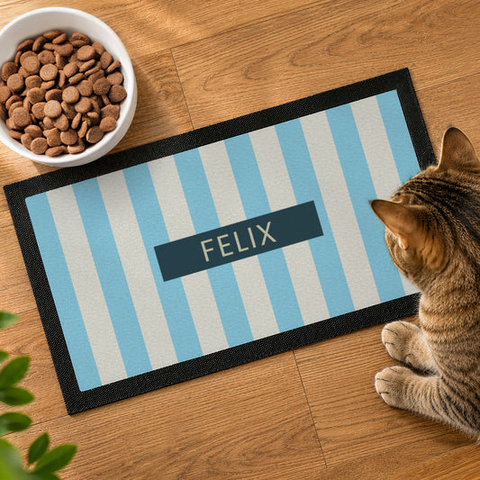 Personalised Blue Stripe Pet Bowl Mat