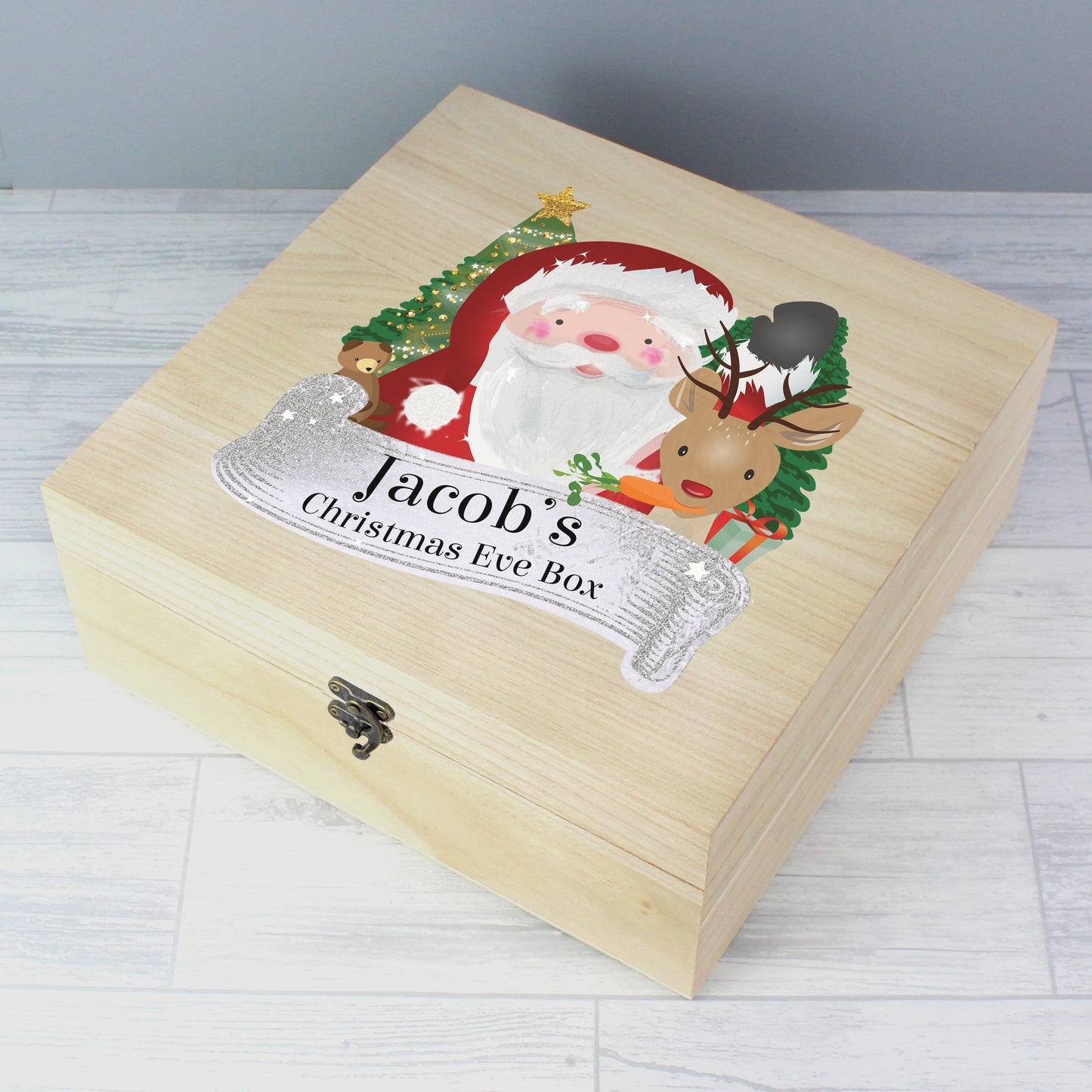 Personalised Colourful Santa Large Wooden Christmas Eve Box - 28 x 28cm