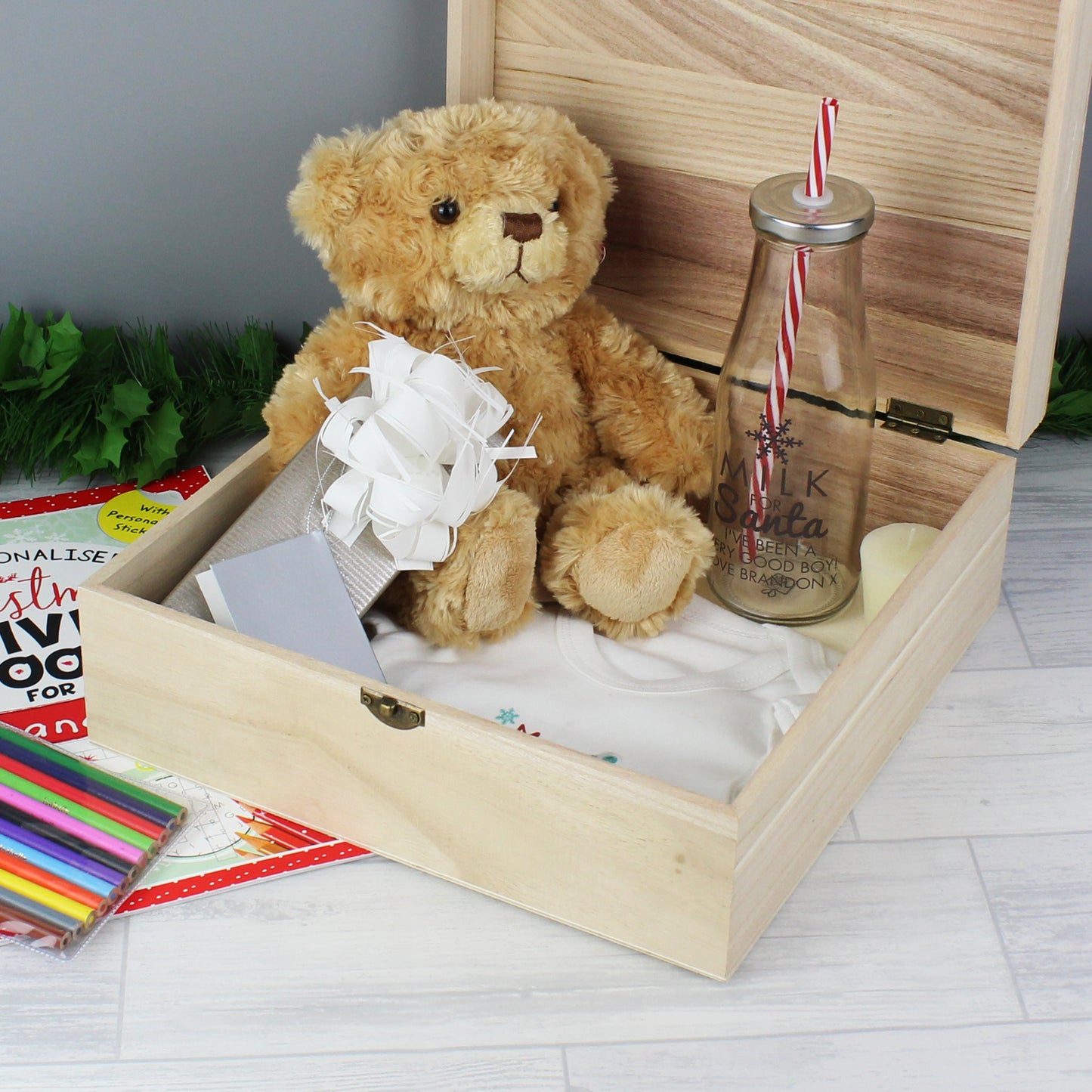 Personalised Colourful Santa Large Wooden Christmas Eve Box