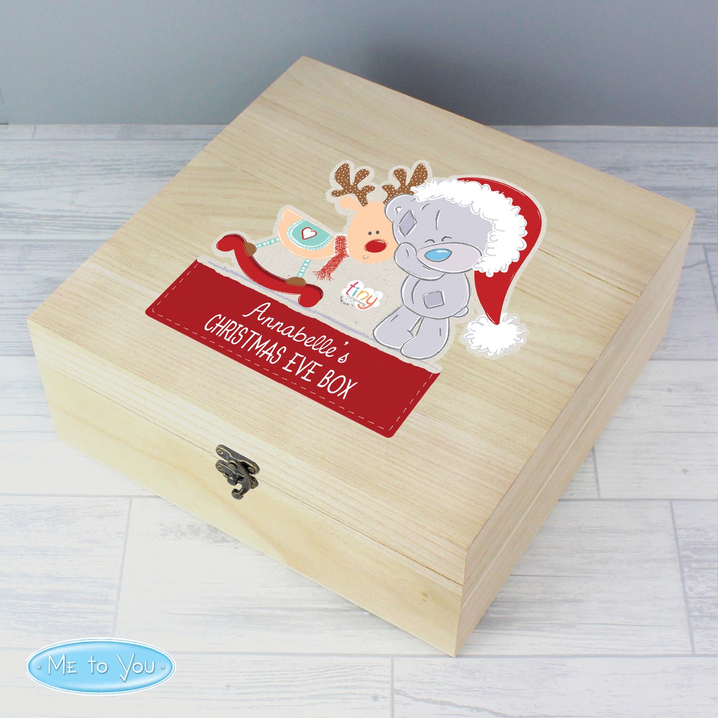 Personalised Colourful Tiny Tatty Teddy Large Wooden Christmas Eve Box - 28 x 28cm