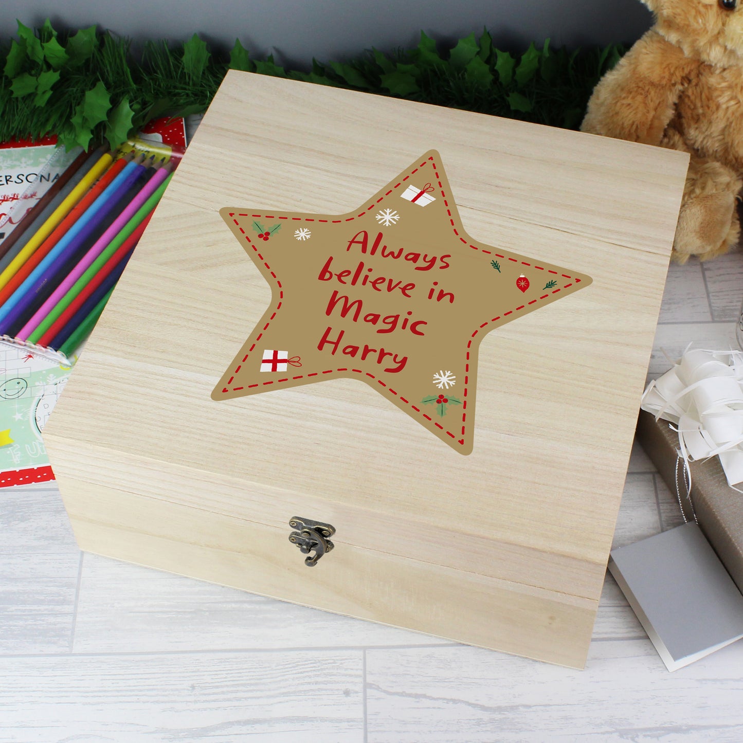 Personalised Christmas Star Large Wooden Keepsake Box - 28 x 28cm