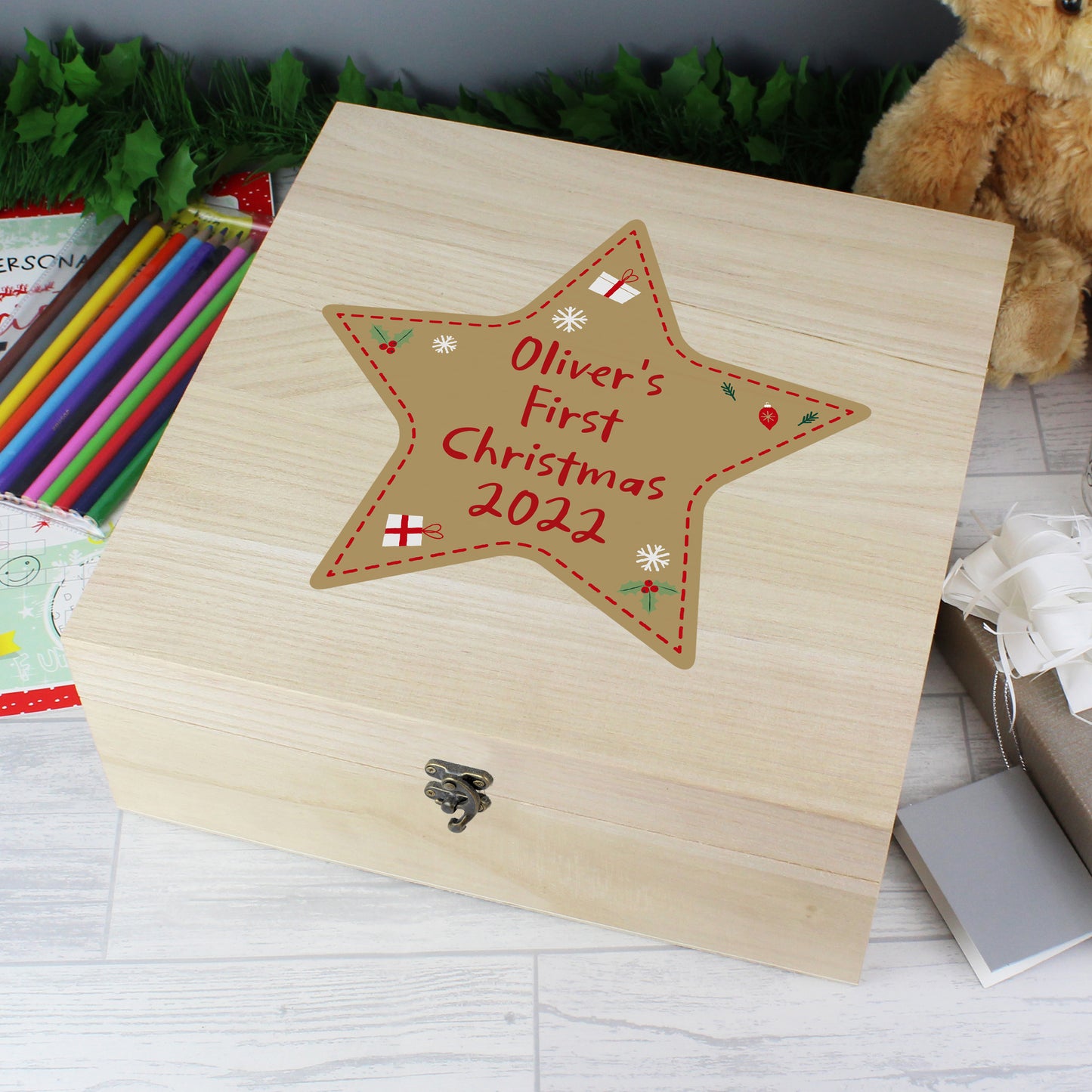 Personalised Christmas Star Large Wooden Keepsake Box - 28 x 28cm