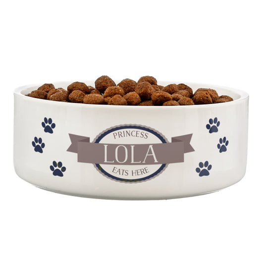 Personalised Blue Paws 15cm Medium White Pet Bowl