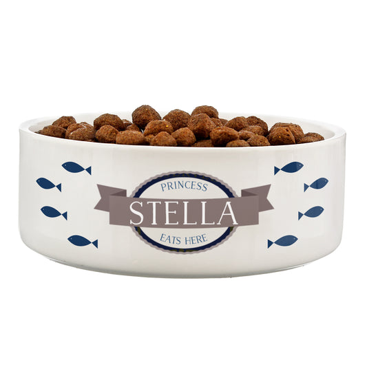Personalised Blue Fish 15cm Medium White Pet Bowl