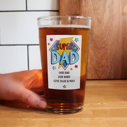 Personalised Super Dad Printed Beer Glass