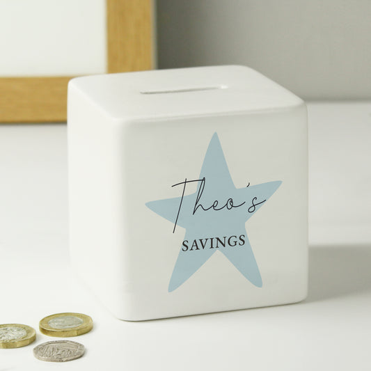 Personalised Blue Star Ceramic Square Money Box