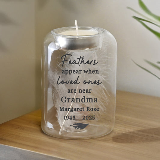 Personalised Loved Ones Memorial Feather Tealight Holder