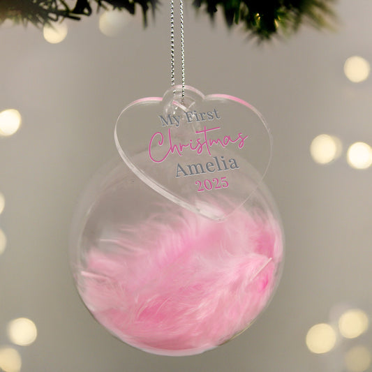 Personalised My 1st Christmas Pink Feather Bauble