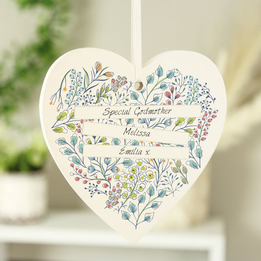 Personalised Botanical Scroll Wooden Heart Decoration
