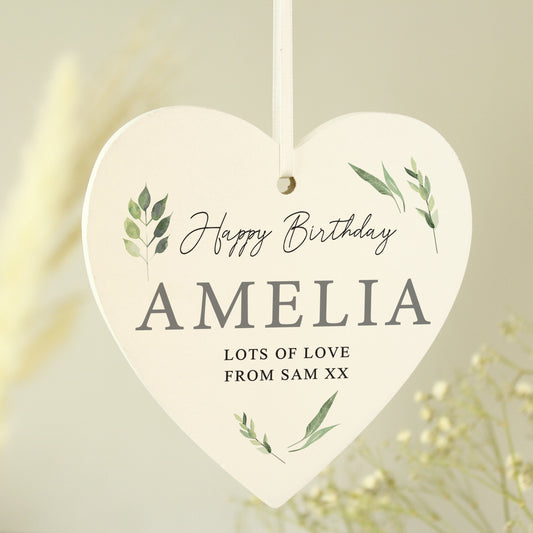 Personalised Botanical Script Wooden Heart Decoration