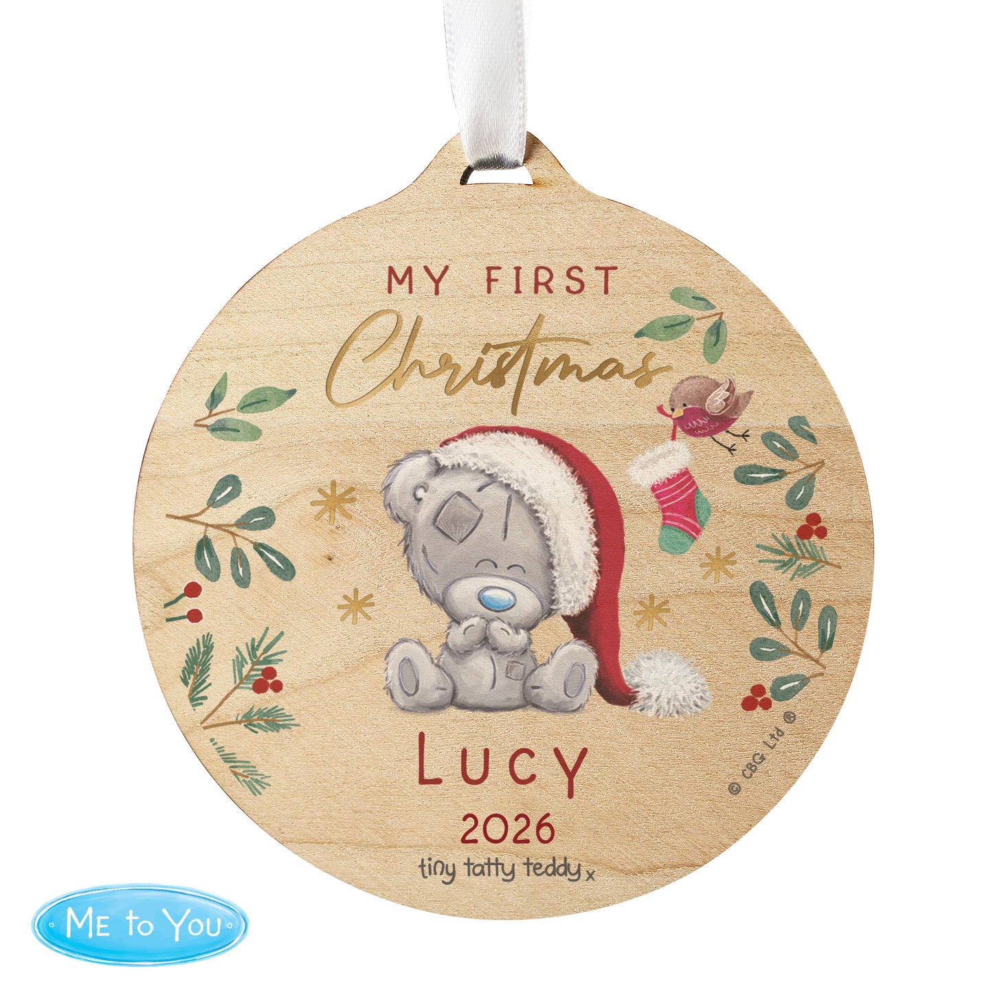 Personalised First Christmas Tiny Tatty Teddy Round Wooden Decoration