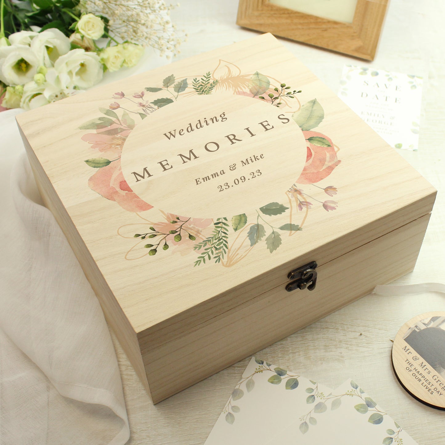 Personalised Floral Watercolour Wooden Keepsake box - 28 x 28cm