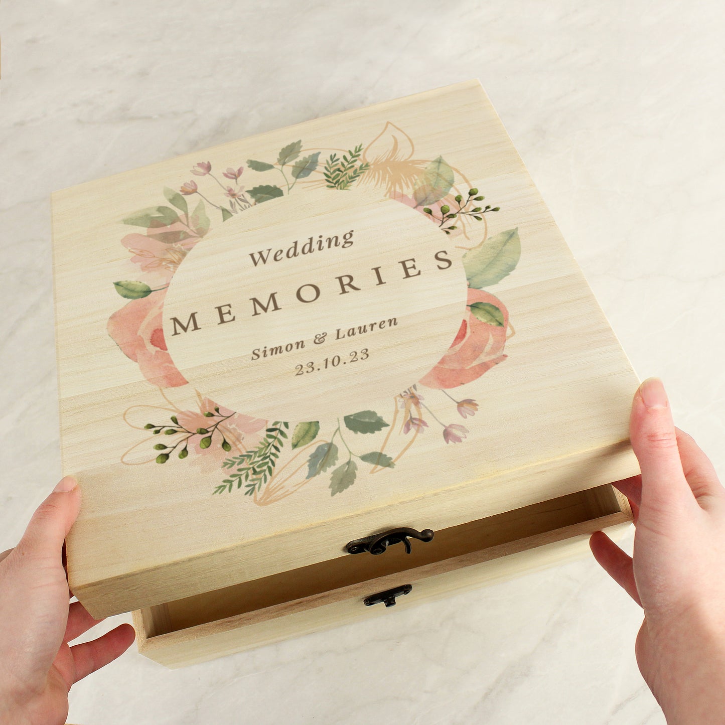 Personalised Floral Watercolour Wooden Keepsake box - 28 x 28cm