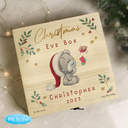 Personalised Winter Christmas Eve Tiny Tatty Teddy Large Wooden Keepsake Box - 28 x 28cm