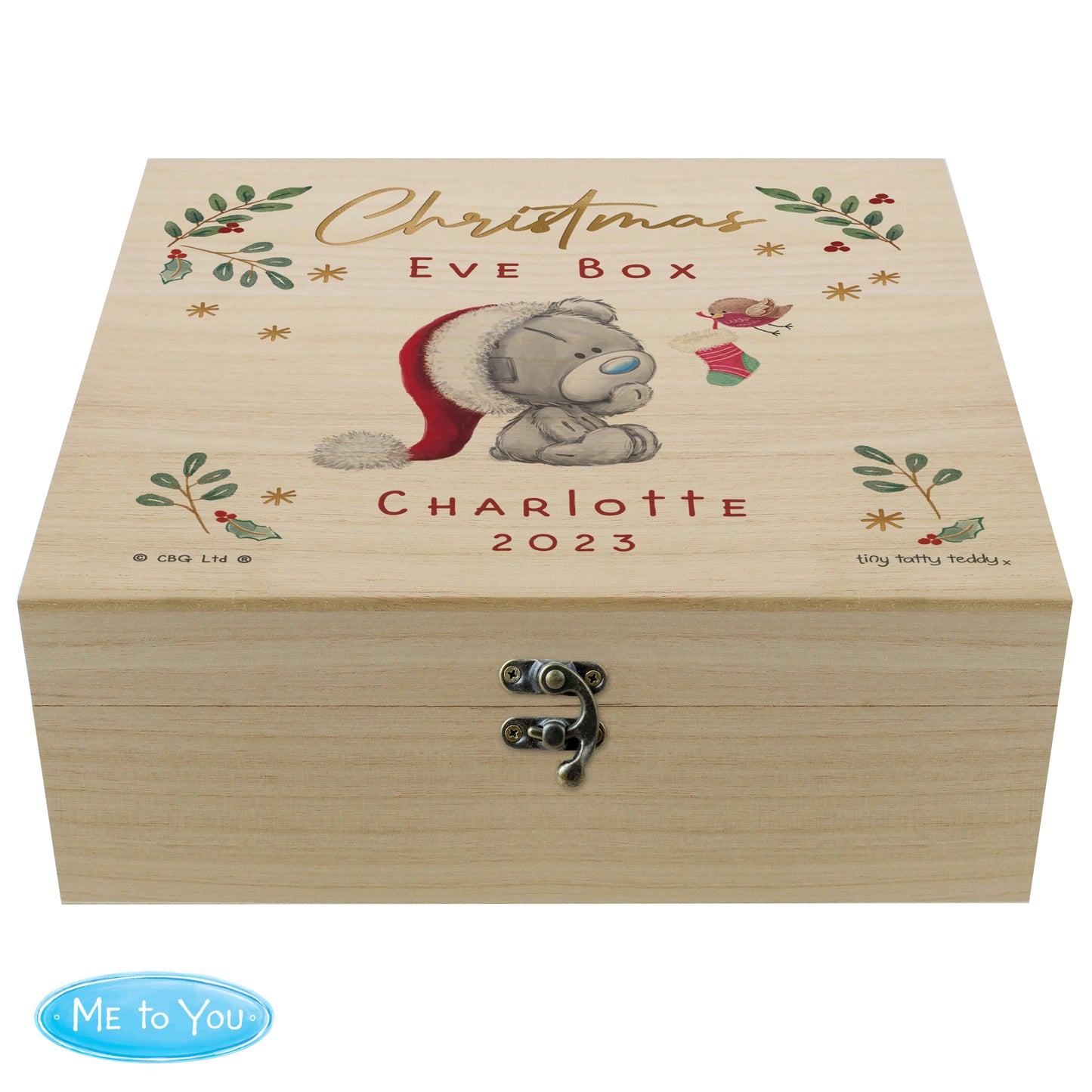 Personalised Winter Christmas Eve Tiny Tatty Teddy Large Wooden Keepsake Box - 28 x 28cm