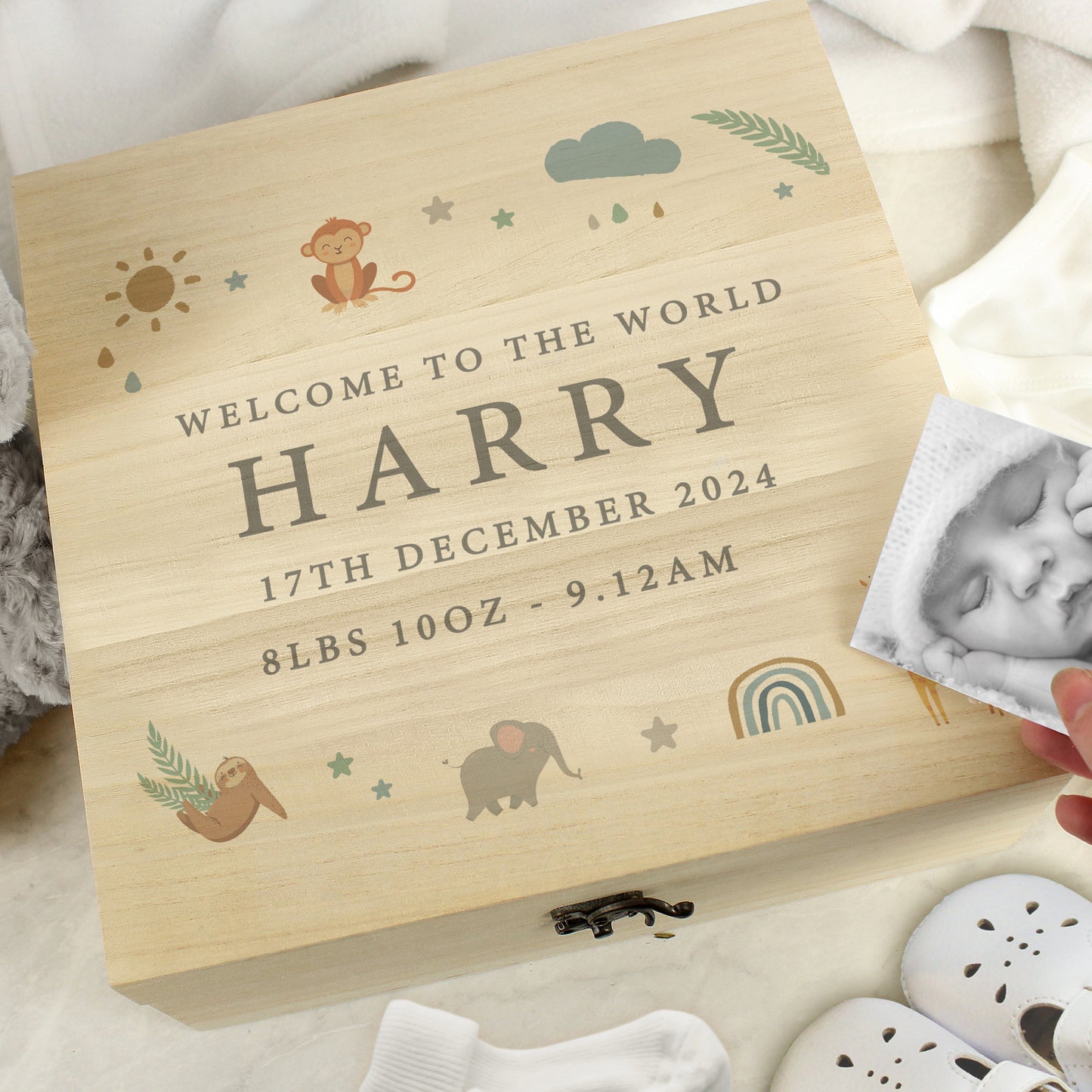 Personalised Safari Animals Large Wooden Keepsake Box - 28 x 28cm