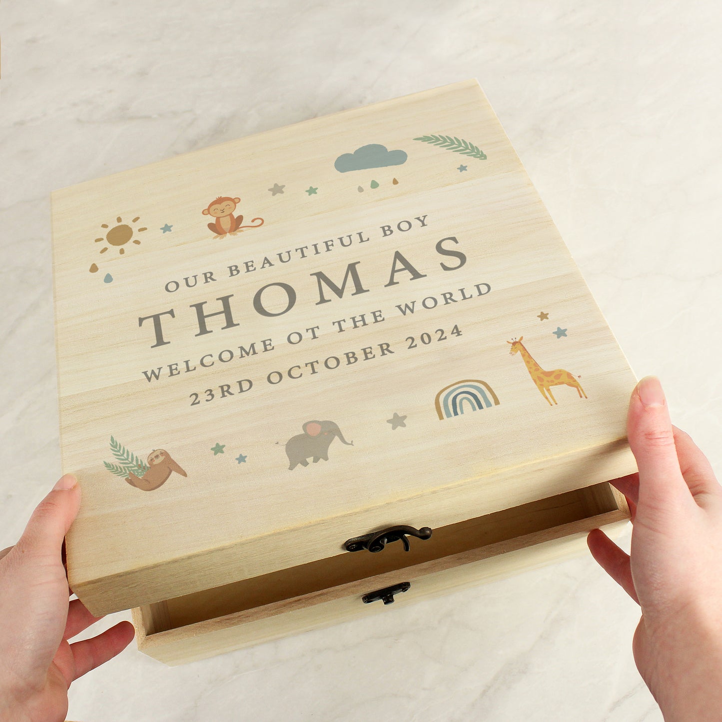 Personalised Safari Animals Large Wooden Keepsake Box - 28 x 28cm
