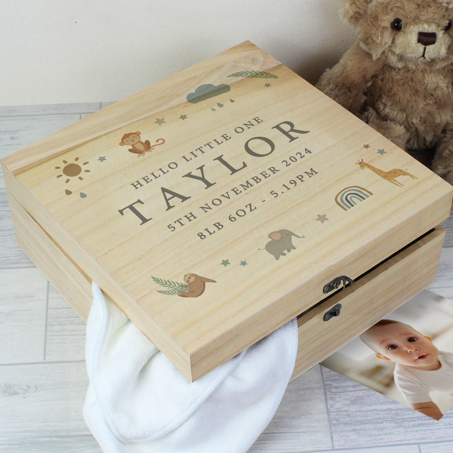 Personalised Safari Animals Large Wooden Keepsake Box - 28 x 28cm