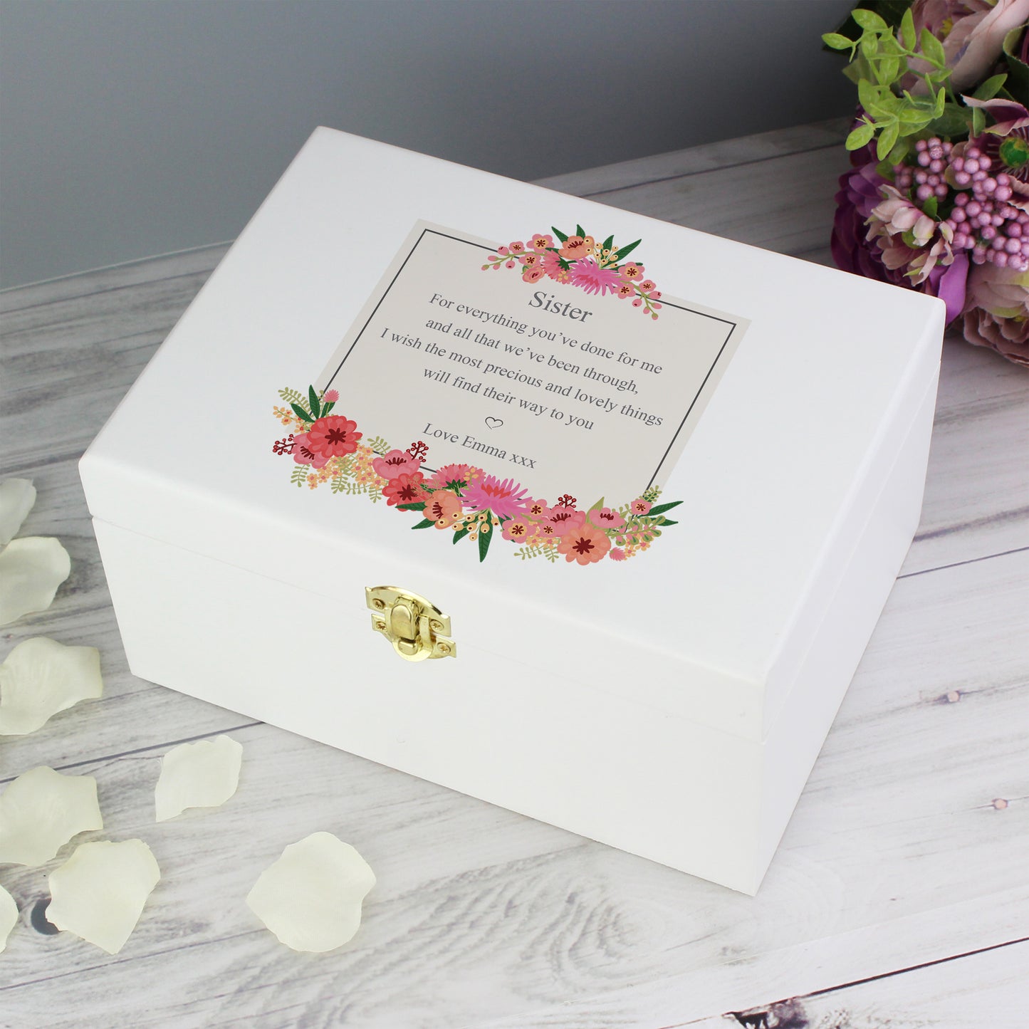 Personalised Floral Wishes White Wooden Keepsake Box - 22 x 16cm
