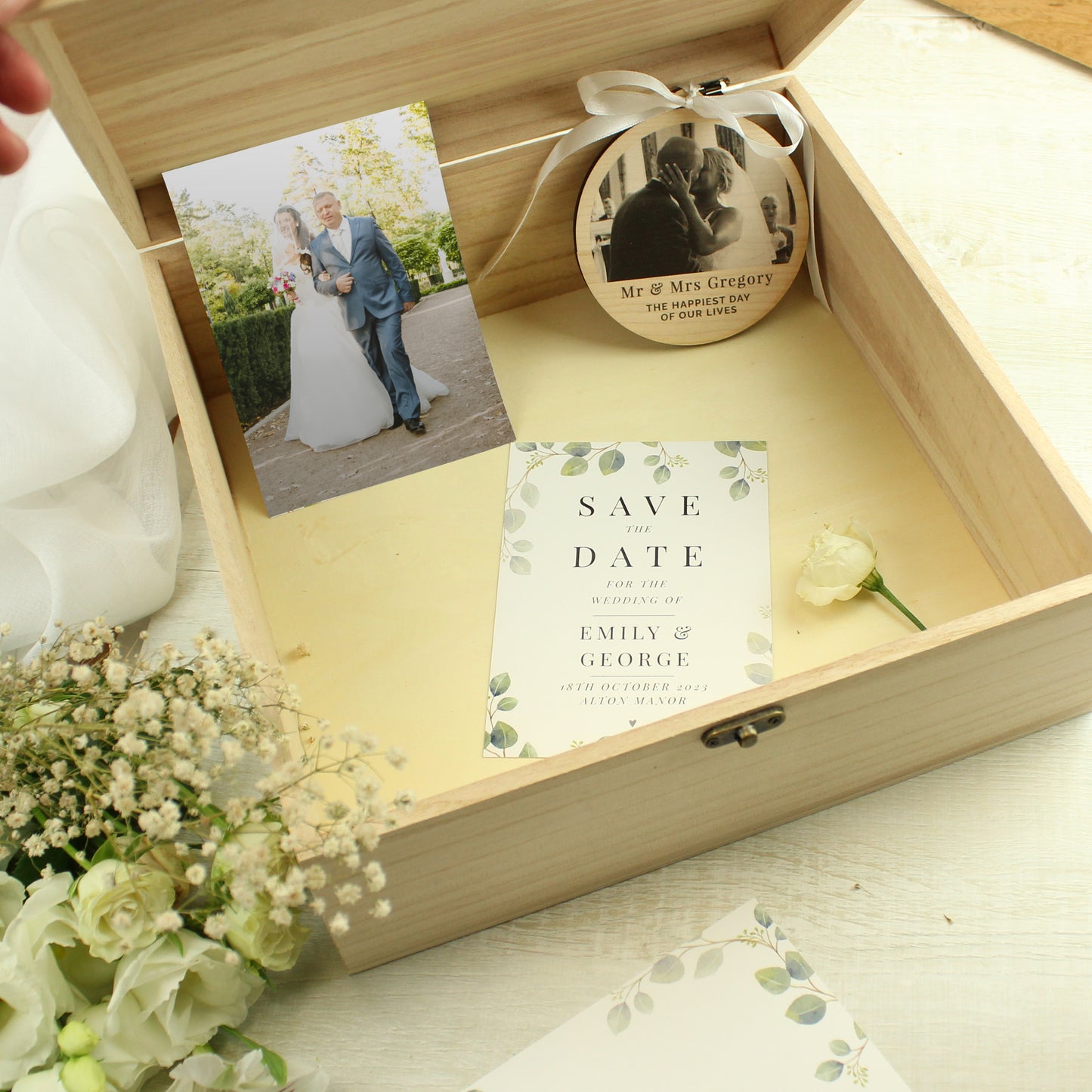 Personalised Floral Wreath Large Wooden Keepsake Box
