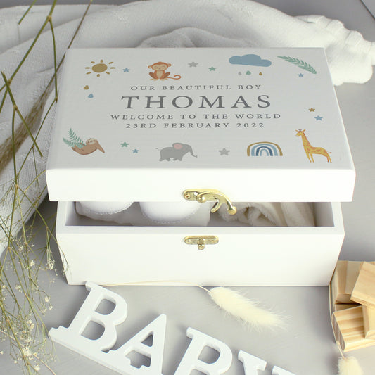Personalised Safari Animals White Wooden Keepsake Box - 22 x 16cm