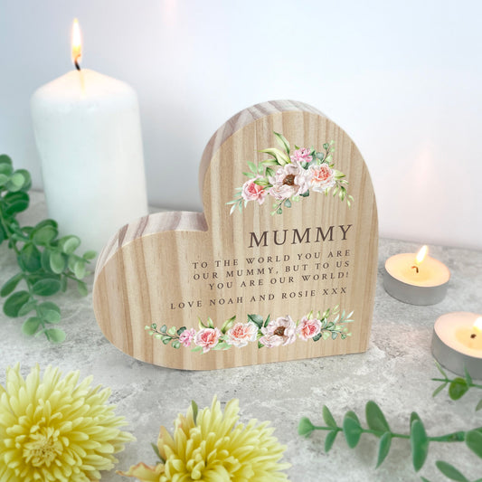 Personalised Any Message Pink Floral Wooden Freestanding Heart