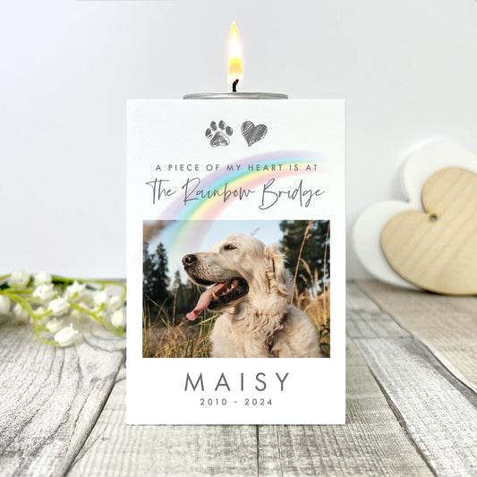 Personalised Pet Memorial Rainbow Bridge Photo White Tea Light Holder