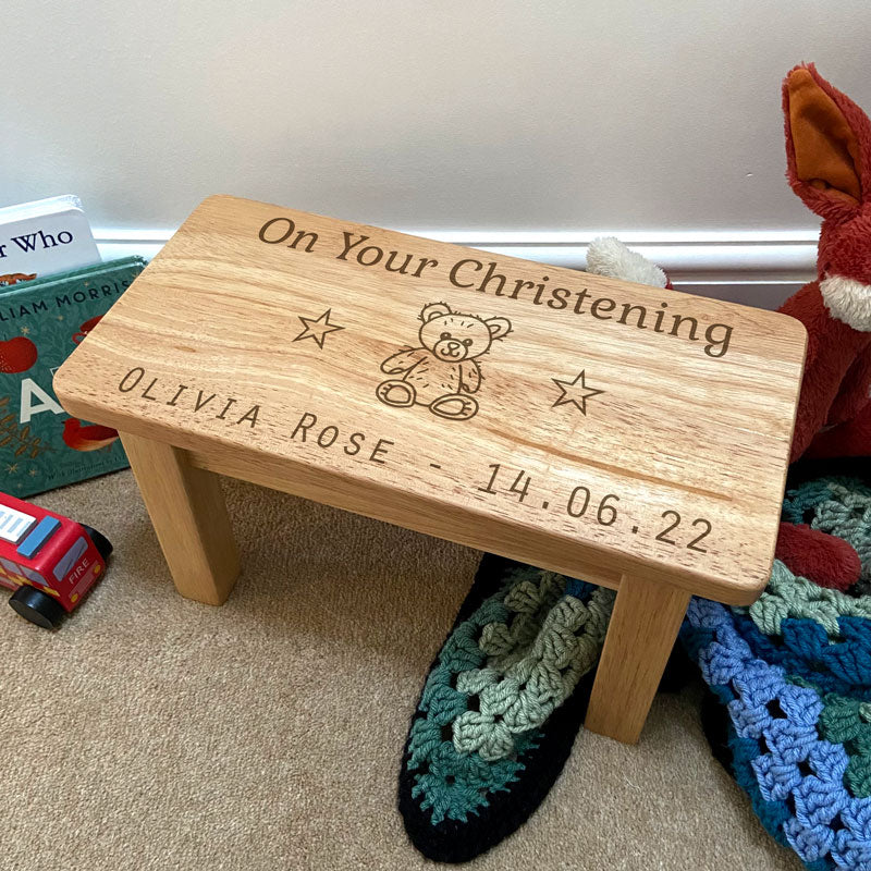 Personalised Child's Stool Rectangle Wooden Christening Engraved