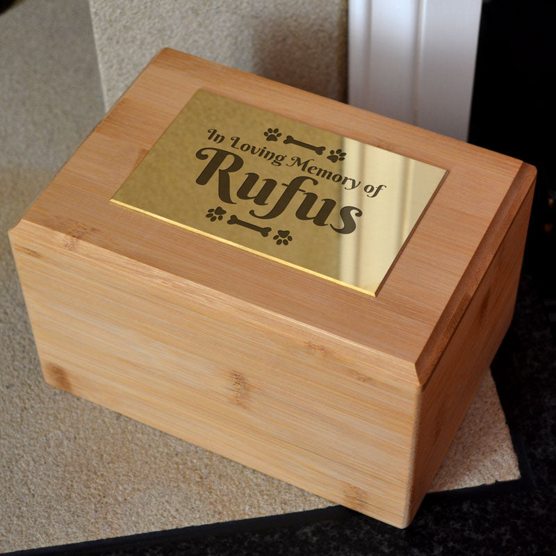 Personalised Pet Urn Bamboo Engraved Brass Effect Plaque for Dogs and Cats