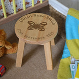 Personalised Children's Stool Date of Birth with Football Butterfly Teddy Flower or Bicycle