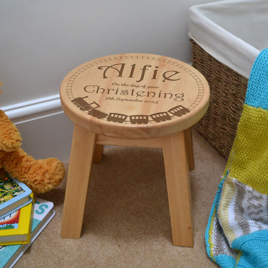 Personalised Toddler Stool Christening Gift Train Set