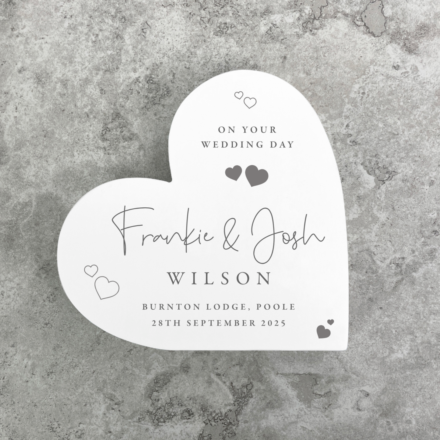 Personalised Wedding Script Text White Freestanding Heart