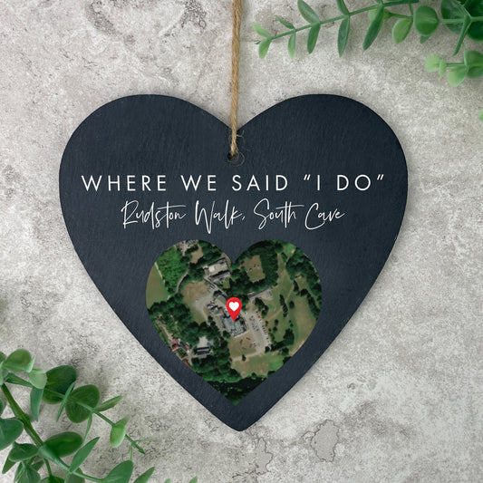 Personalised Heart Map Location Slate Hanging Heart Decoration 15 x 16cm