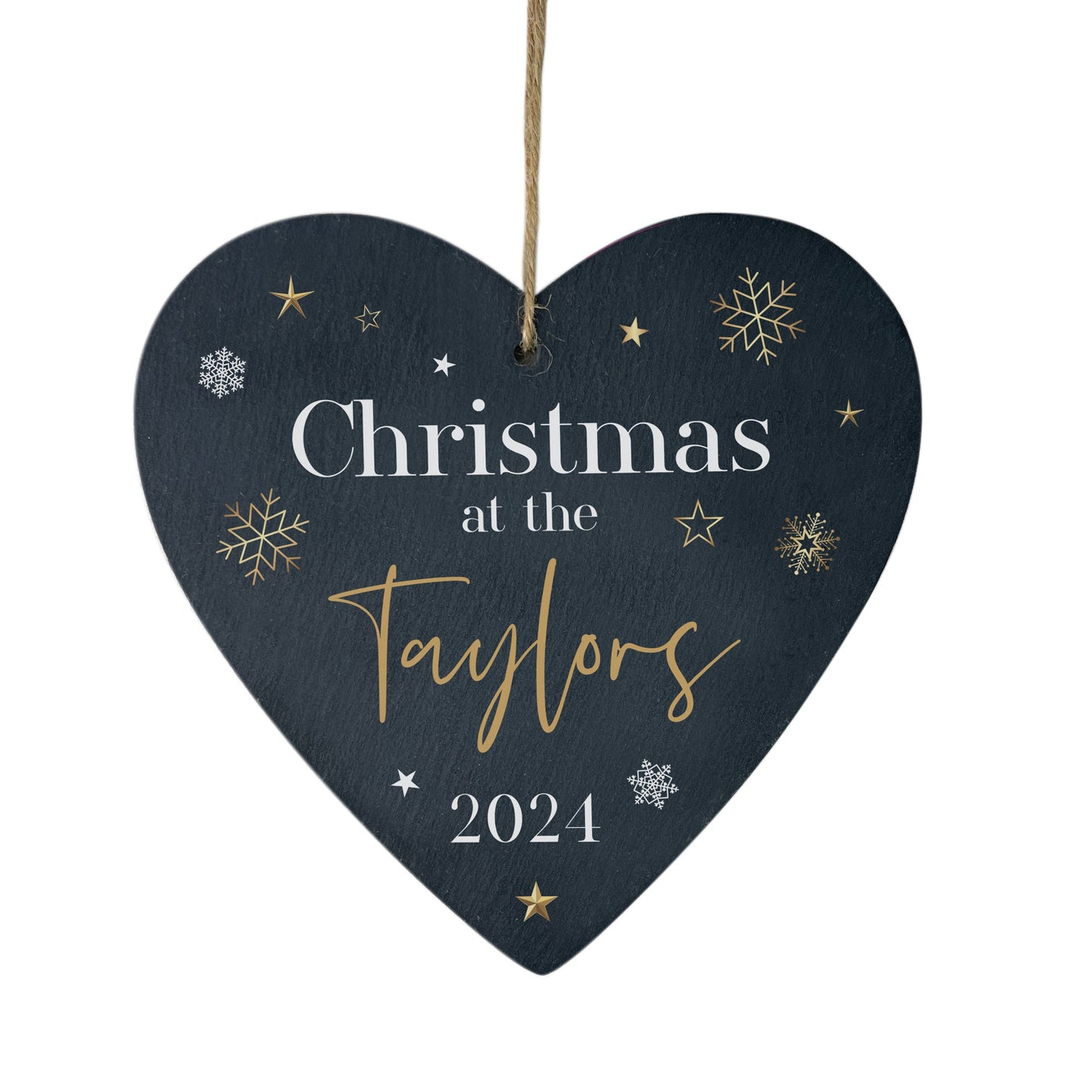 Personalised Festive Gold Slate Hanging Heart Decoration 15 x 16cm