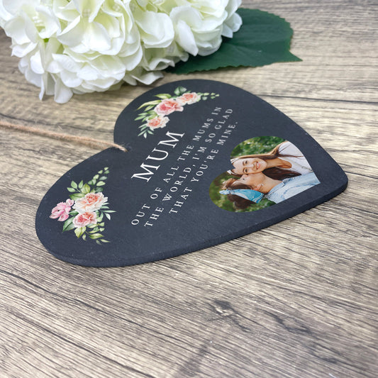 Personalised Any Message Pink Floral Photo Slate Hanging Heart