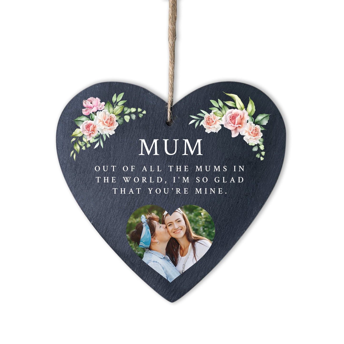 Personalised Any Message Pink Floral Photo Slate Hanging Heart