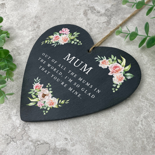 Personalised Any Message Pink Floral Slate Hanging Heart