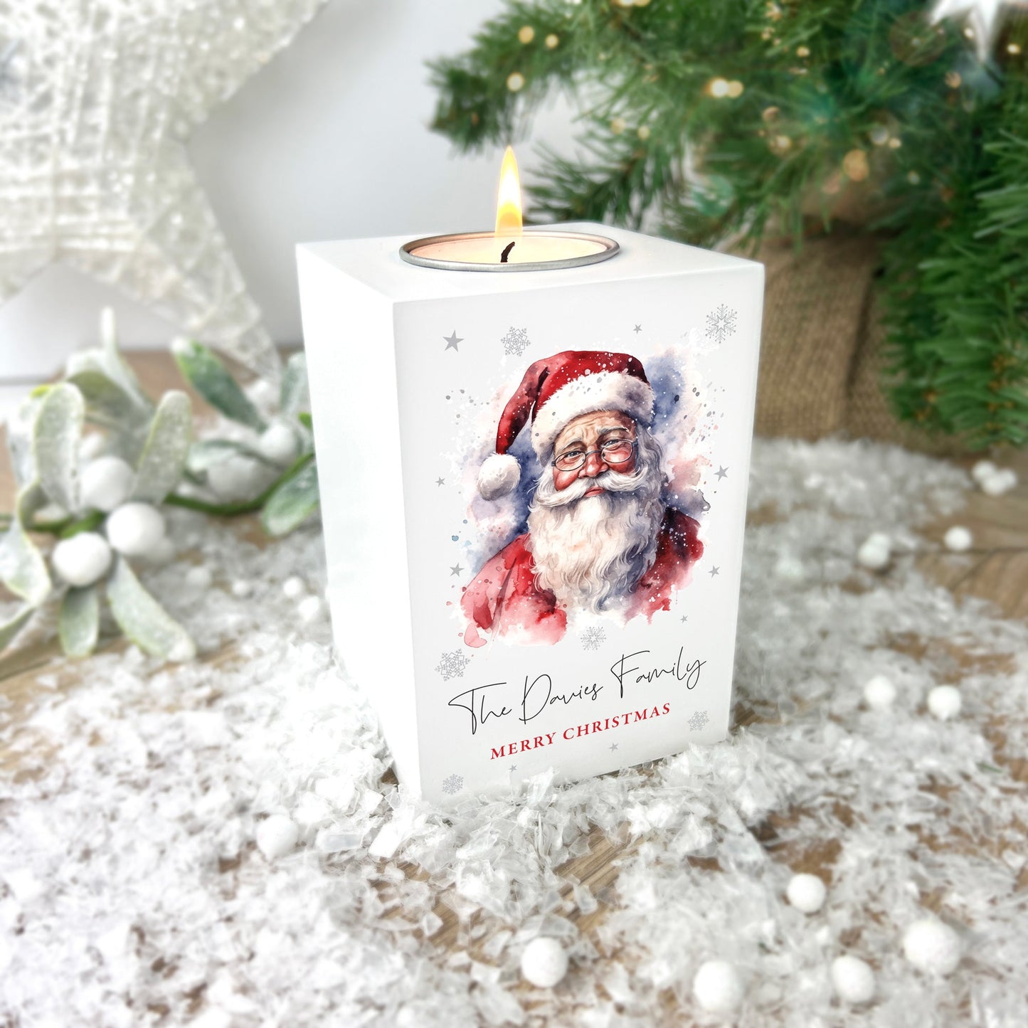 Personalised Any Message Traditional Santa White Wooden Tea Light Holder