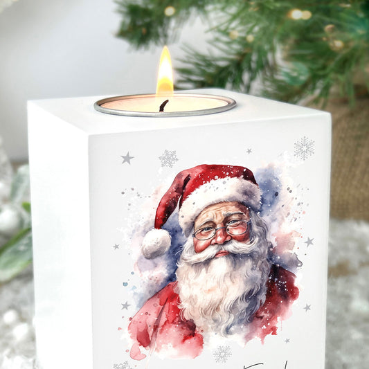 Personalised Any Message Traditional Santa White Wooden Tea Light Holder