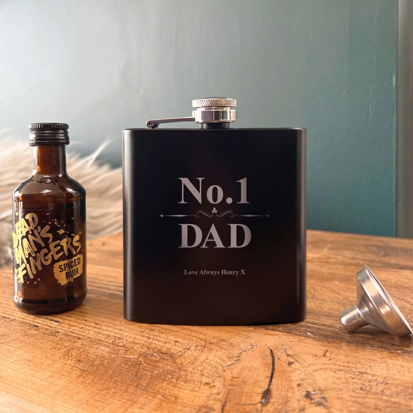 Personalised No.1 Dad Scroll Engraved Black Metal Hip Flask 6oz