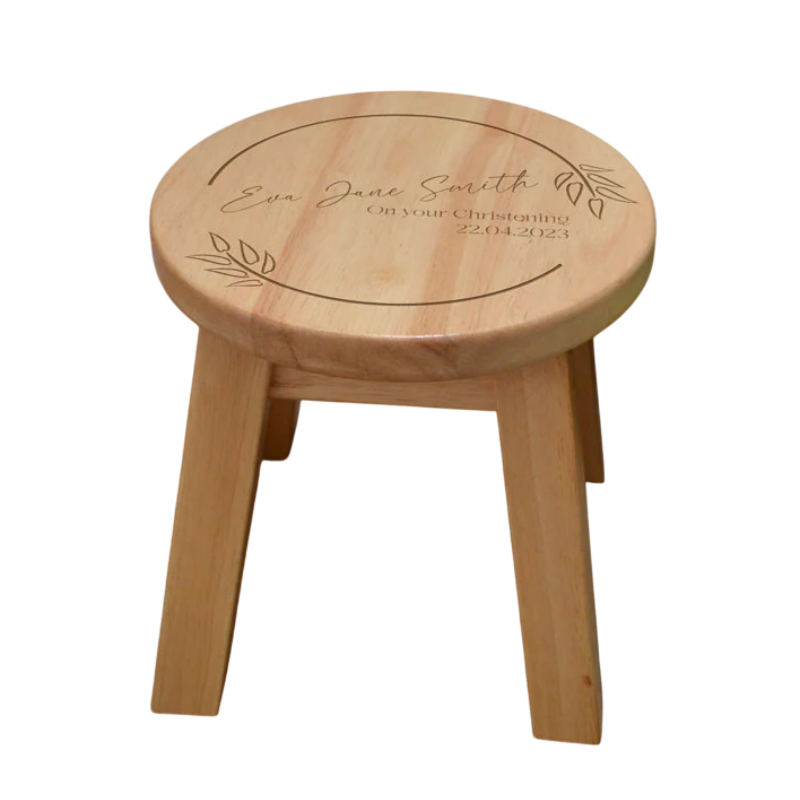 Personalised Christening Stool Leaf Pattern Name and Date