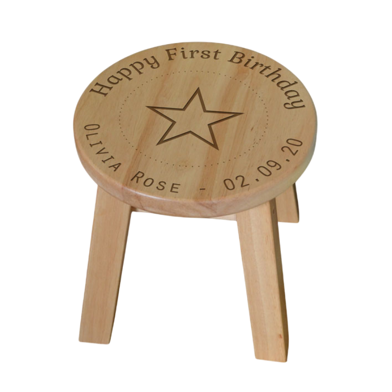 Personalised Child's Stool Wooden First Birthday Engraved Design