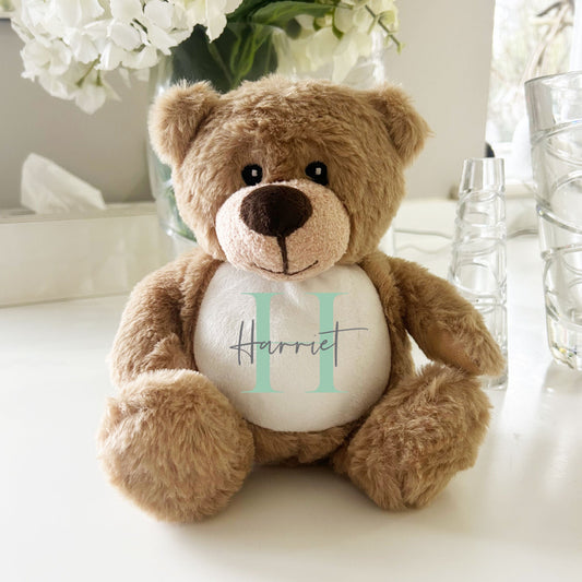 Name & Initial Brown Bear - Green, Pink, Blue, Neutral